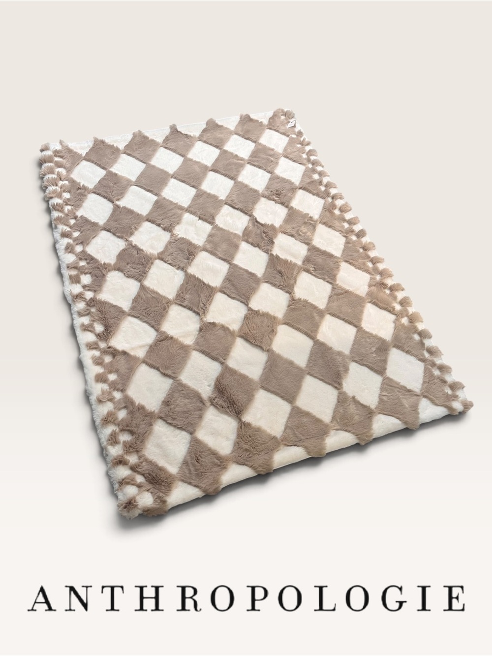 RARE! Anthropologie Checker Faux Fur Throw Blanket